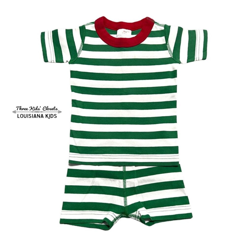 Hanna Andersson Sz 80 (18-24m) Green Striped Christmas Short Pajamas